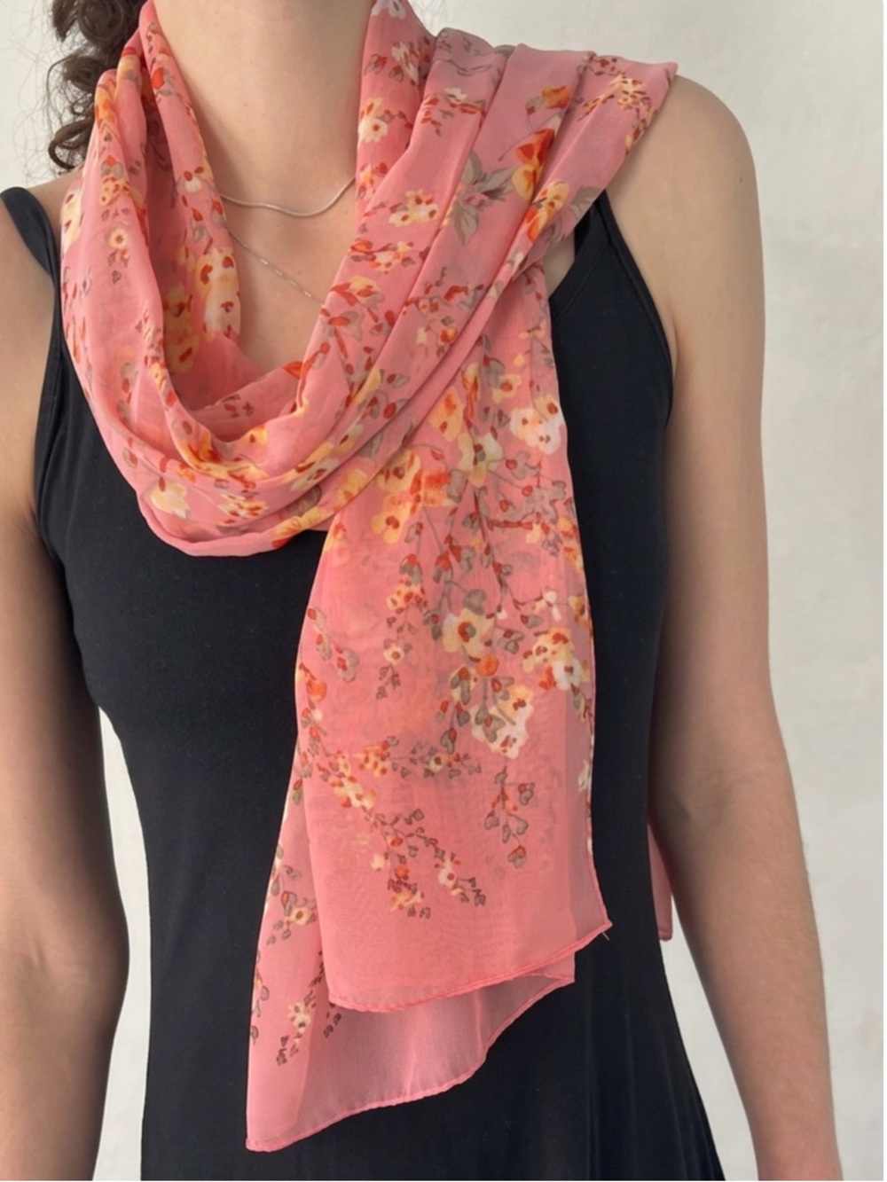 🆕🎁 Floral Chiffon Scarf • Blossoms on Salmon Pink  • Light & Rectangula